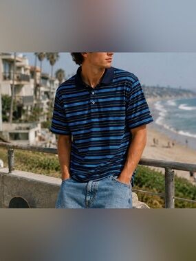 Vintage Fila Men's Large Golf Polo Shirt Blue Striped Performance 90s Y2K Preppy